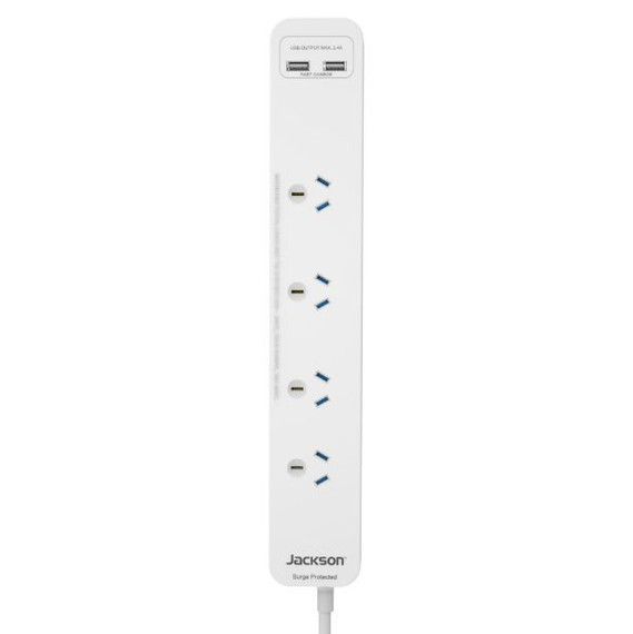 4 Way Surge Protected Powerboard 2x USB-A Fast Charge Ports   