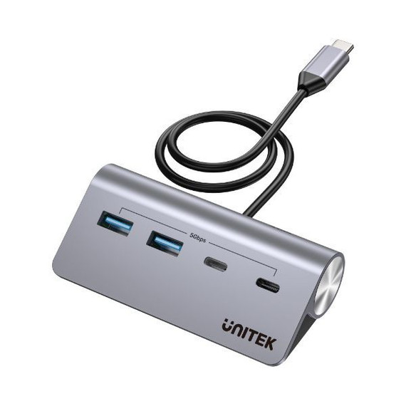 UNITEK 4-in-1 Multi-Port Hub with USB-C Connector. Includes 2x USB-C & 2x USB-A Ports. Supports 5Gbps Data Transfer Speed, 30cm Cable, Ergonomic Slope Design, Aluminium Housing.