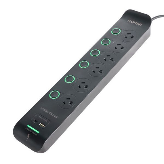 Raptor Individually Switched 6 Way Surge Protected Powerboard 45W PD USB-C 36W USB-A Ports   