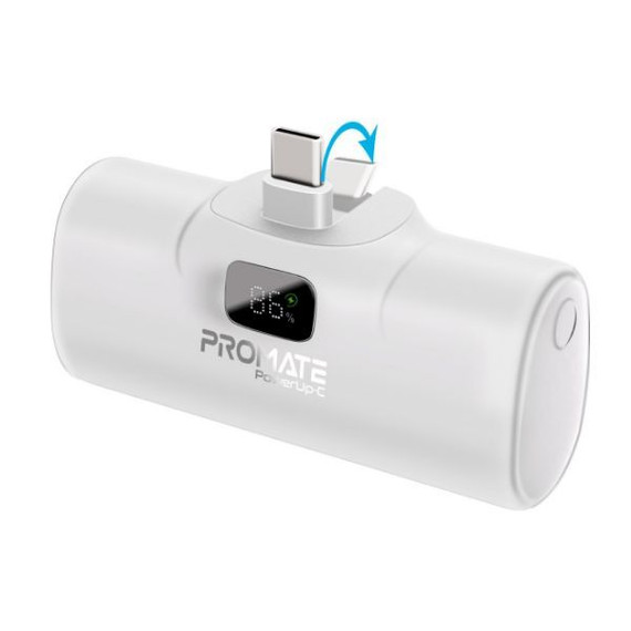 PROMATE 5000mAh Ultra Compact 20W Power Bank with Built-in USB-C Foldable Connector. Kick Stand. USB-C In/Out. LED Battery Display. Automatic Voltage Regulation. White Colour.