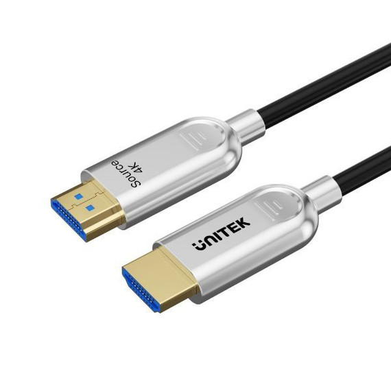 UNITEK 15m HDMI 4K Fibre Optic 2.0 Cable with 24K Gold-plated Connectors. Supports HDR, ARC, & HDCP 2.2, 30AWG in 4.7mm OD, Supports High Speed 18Gbps, Space Grey Connectors.