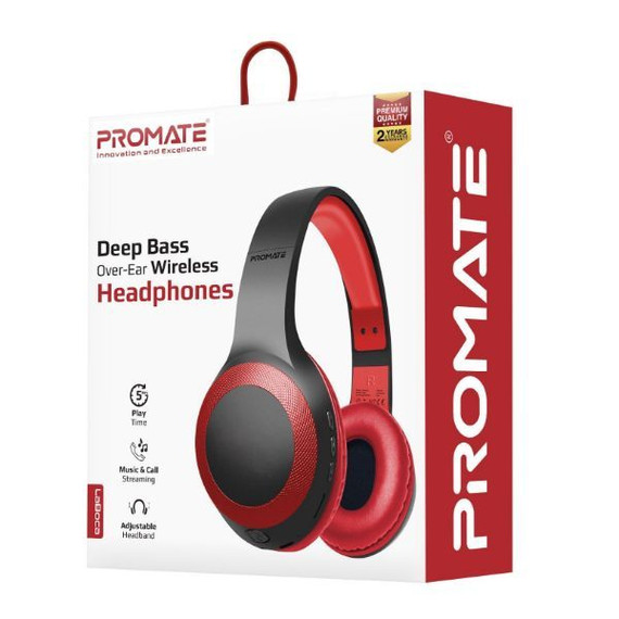 PROMATE Deep Base Bluetooth V5.0 Wireless Over-ear Headphones. Up to 5 Hours Playback (LABOCA-RED)