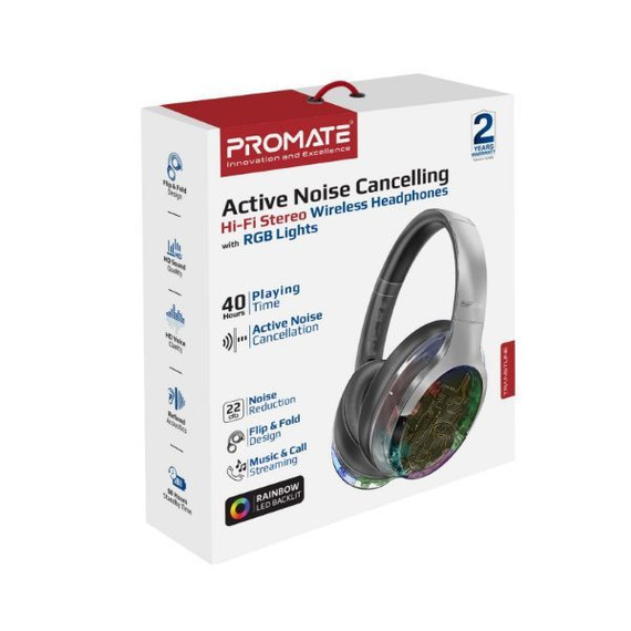 PROMATE HiFi Stereo Wireless Bluetooth Active Noice Cancelling Headphones Silver (TRANSTUNE-SLV)