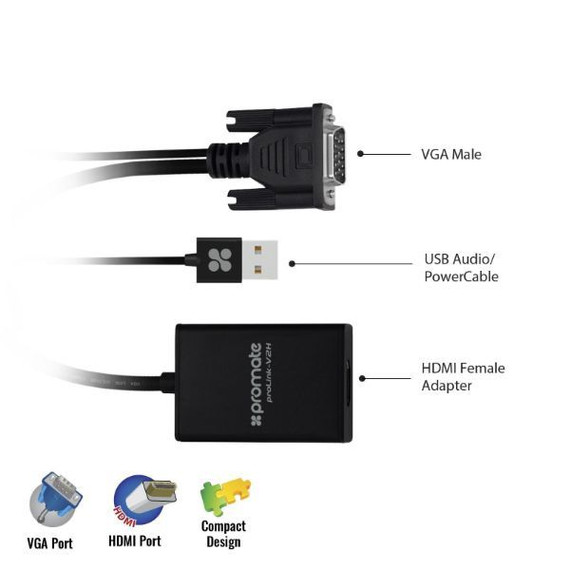 PROMATE VGA  (Male) to HDMI  (Female) Display Adaptor Kit w/ Audio. Supports up to 1920x1080@60Hz. (PROLINK-V2H-BLK)