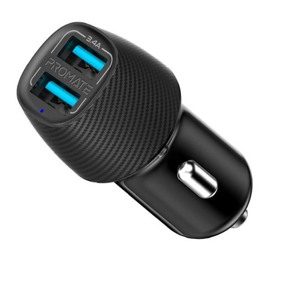 PROMATE 3.4A Dual Port USB-A Car Charger. Charge 2 Devices Same Time. Short-Circuit (VOLTRIP-DUO-BLK)