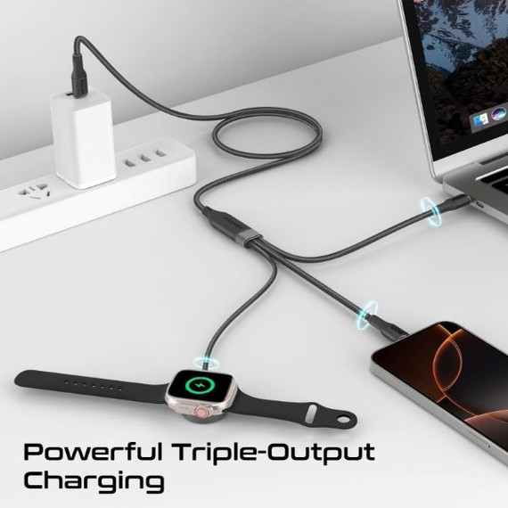 PROMATE 1.4m 100W High-Speed Multi Device Charging Cable w/ Apple Watch Charger. 2x 100W PD USBC (FUSION-CCW-BLK)