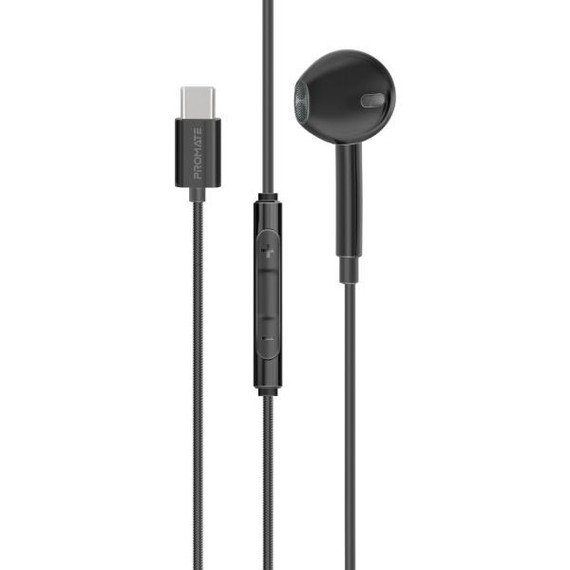 PROMATE Mono In-Ear Wired Earphone with USB-C Connector. In-Line Microphone & Volume (MONOPOD-C-BLK)