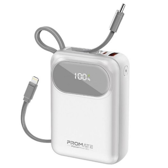 PROMATE 20000mAh Ultra Compact 35W SuperSpeed Power Bank Built-in USB-C & Lightning Cables. 35W (POWERPOD-20-WHT)