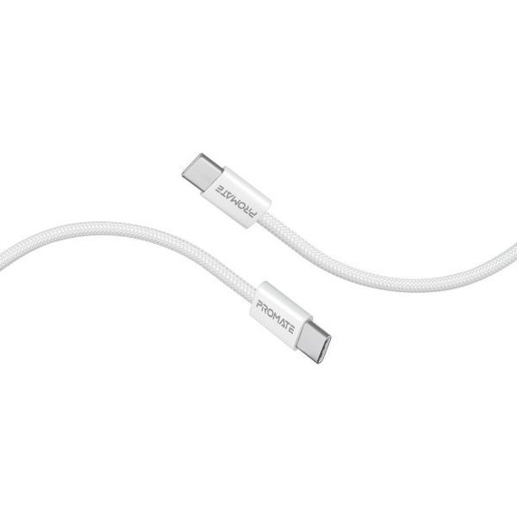 PROMATE 1.2m USB-C to USB-C Cable w/ Fabric Braided Cable Supports 60W PD. White (ECOLINE-CC120-WH)