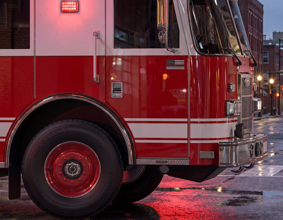 Fire engine with emergency warning lights on a wet street at dusk