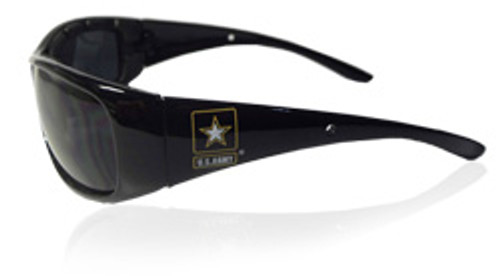 Side View of Sport Style Sunglasses in Black with US Army Logo on the Side. 