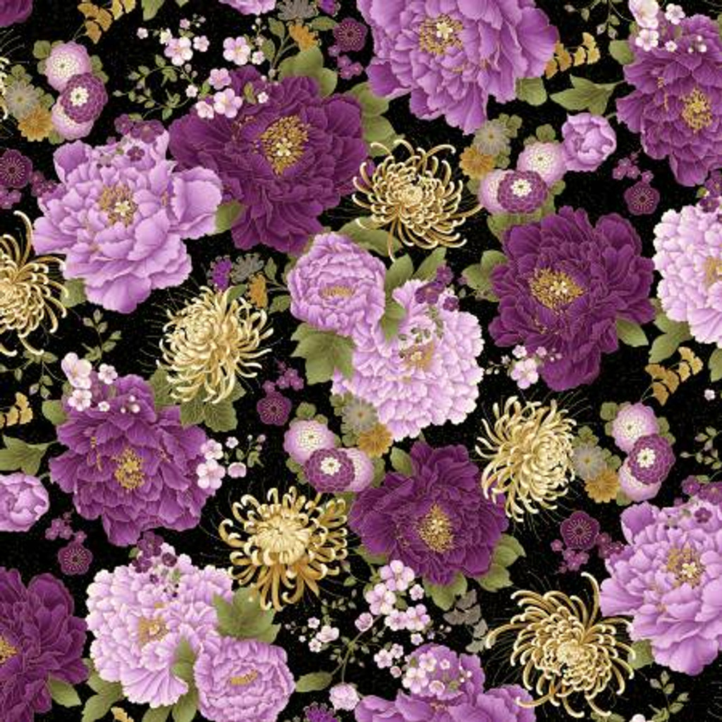  Large Japanese Purple Floral with Metallic - Timeless Treasures Cotton (CM8810-BLACK)