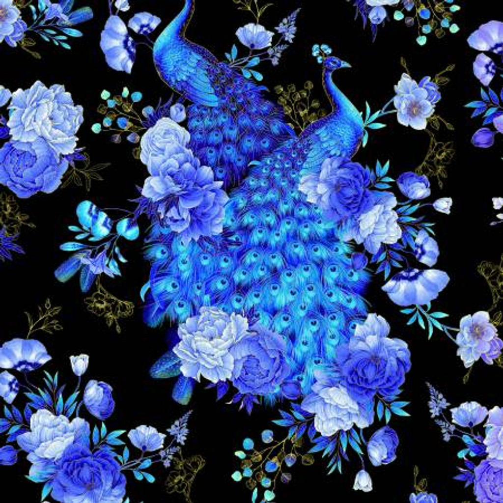 Black Royal Blue Peacocks And Florals - Timeless Treasures Cotton (CM1561-BLACK)