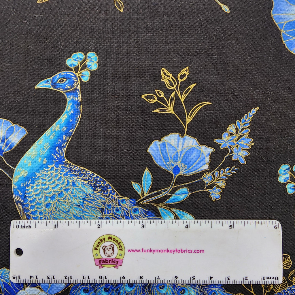 Black Royal Blue Peacocks And Florals - Timeless Treasures Cotton