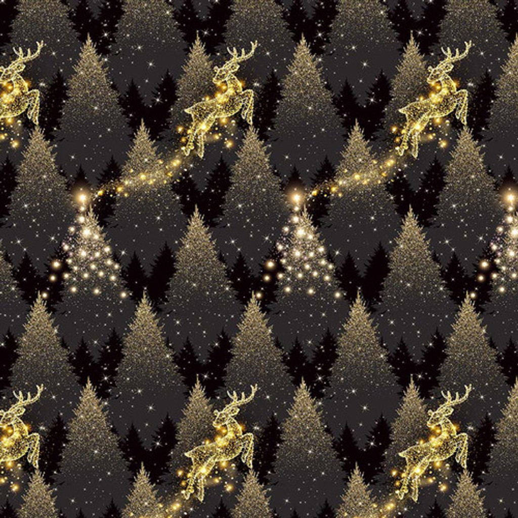 Gold Metallic Reindeer & Trees - Blank Cotton (2674M-99)