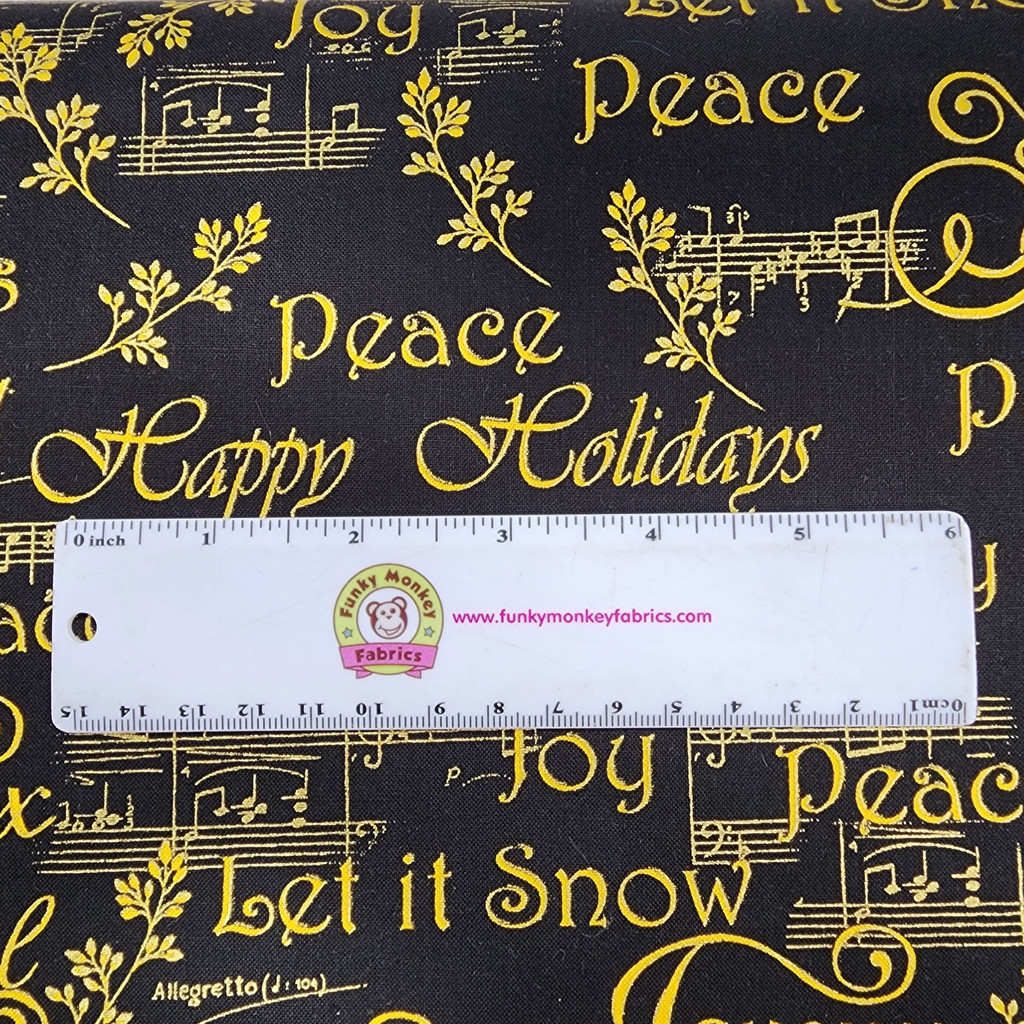 Black Christmas Words And Music Notes Metallic - Timeless Treasures Cotton