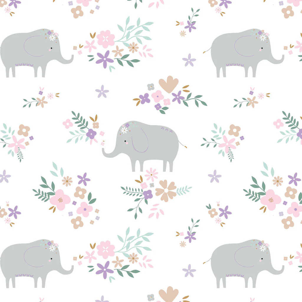 Elephant Floral on White - Camelot Flannel (21220803B-01) 
