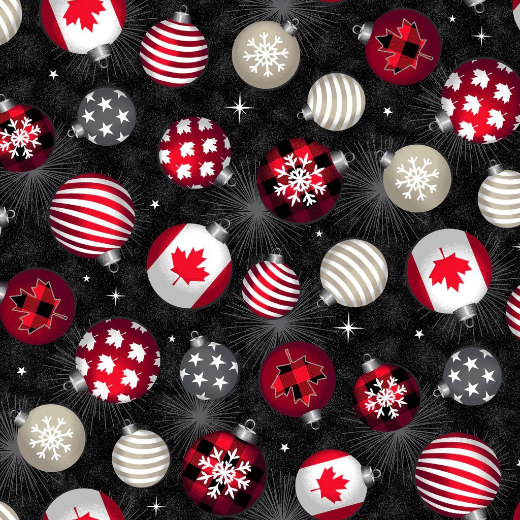 Canadian Christmas Black Ornaments - Windham Fabrics Cotton (52762D-2)