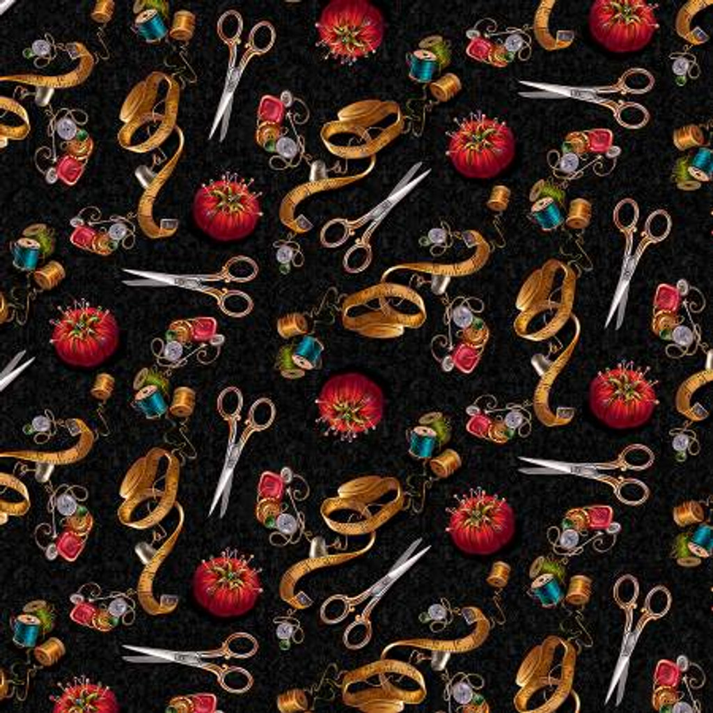 Black Sewing Tools - Timeless Treasures Cotton (CD3352-BLACK)