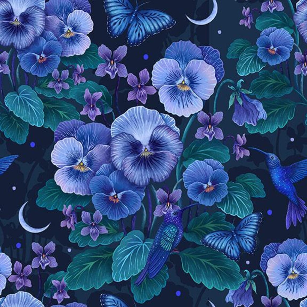 Pansies with Hummingbirds and Butterflies Glow in the Dark - Blank Cotton