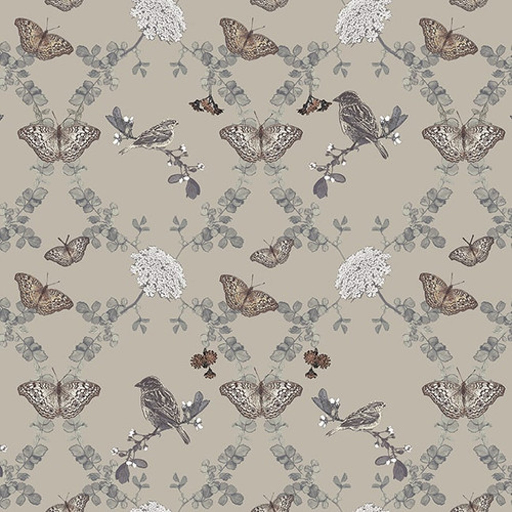 Birds, Butterflies and Flowers - Blank Cotton (3527-90gray)