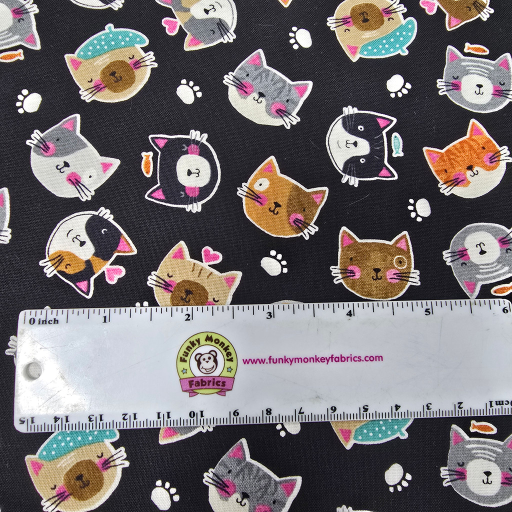 Purrfect Partners Heads on Black - Wilmington Prints Cotton
