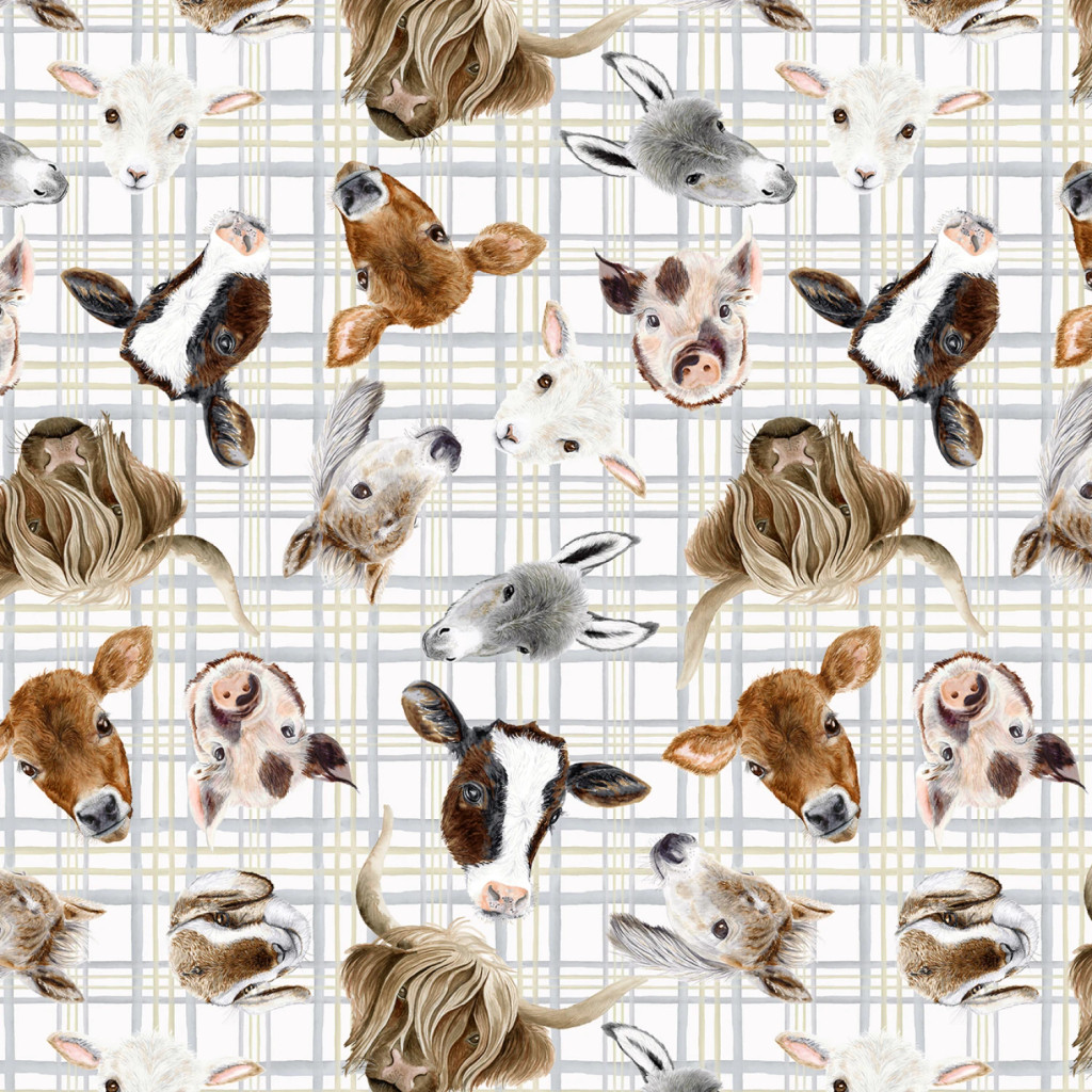 White Plaid with Animal Heads - Blank Cotton (BQ4386-01)
