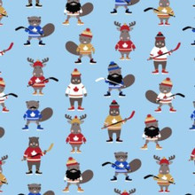 Critters Playing Hockey Blue Purely Canadian Eh - Robert Kaufman Cotton (22577-4)