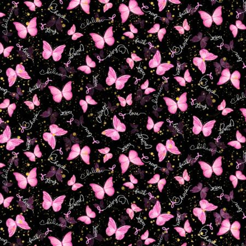 Pink Ribbons & Butterflies - Timeless Treasures Cotton (CD3399-BLACK)