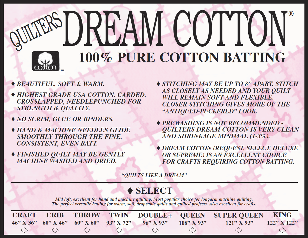 Natural Cotton Select Mid Loft Crib Quilt Batting, Quilter's Dream #N4CB