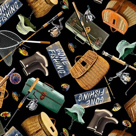 Black Gone Fishing Toss - Timeless Treasures Cotton - Funky Monkey Fabrics  Inc.
