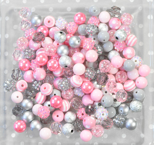 12mm Pink and Silver bubblegum bead mix