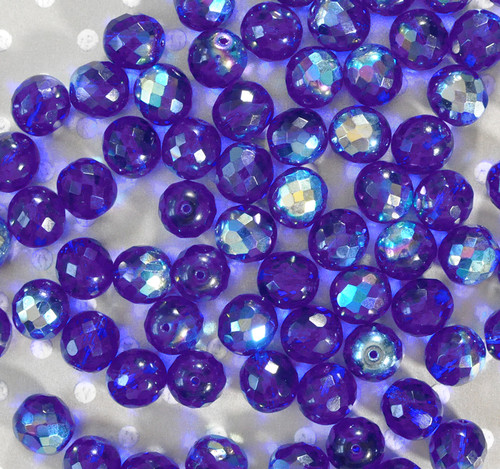 Cobalt AB 12mm faceted round Czech fire polished glass beads