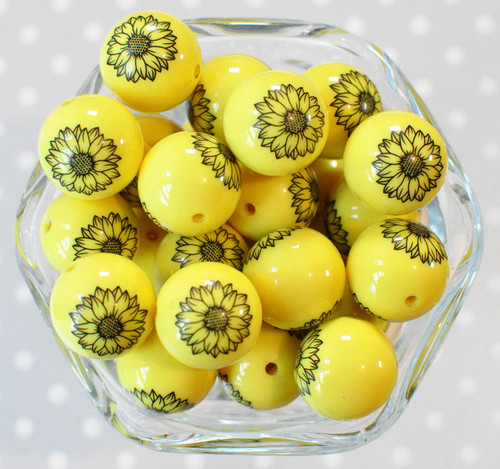 20mm Sunflower yellow printed bubblegum beads