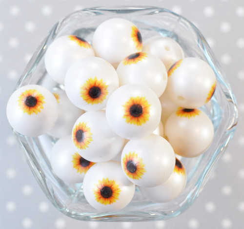 20mm Sunflower white printed bubblegum beads