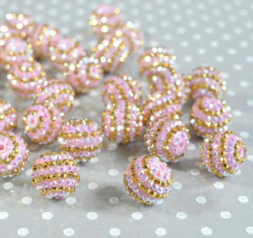 20mm Pink and Gold AB striped rhinestone bubblegum beads