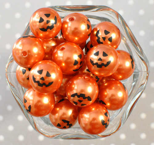 Jack o'Lantern pumpkin print pearl 20mm bubblegum beads