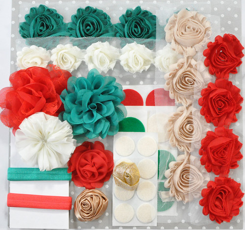 Teal and Red Christmas shabby flower headband kit