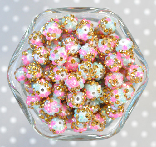 12mm Pink Aqua Gold confetti rhinestone bubblegum beads