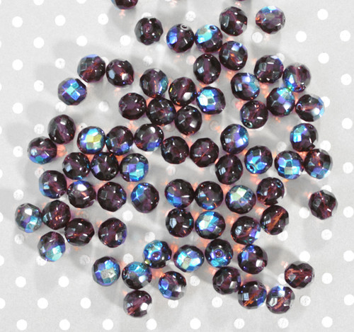 12mm Dark Amethyst AB faceted round Czech glass beads