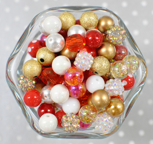 12mm Red, gold, white bubblegum bead mix