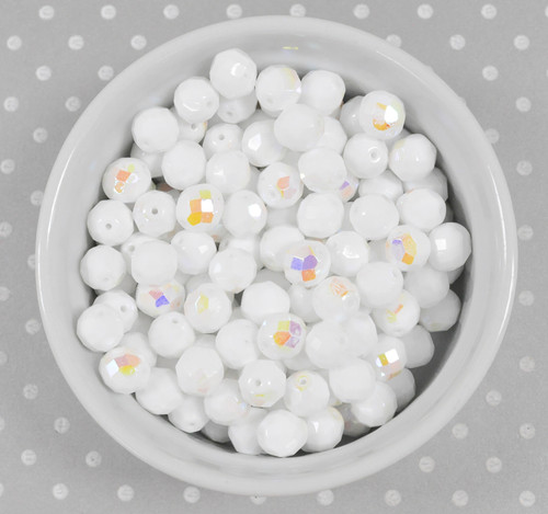 12mm Chalk White AB faceted round Czech glass beads