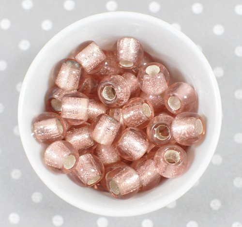 12mm Pink silver-lined glass pony beads