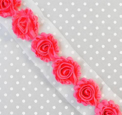 1.5" Mini shabby flower trim Neon pink