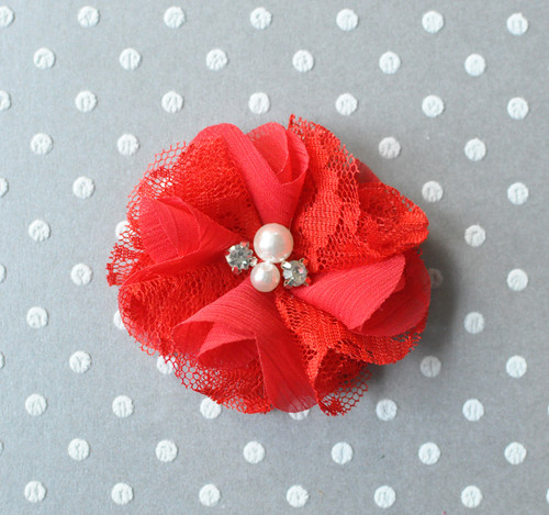 2.5" Red - Chiffon and lace jeweled flower