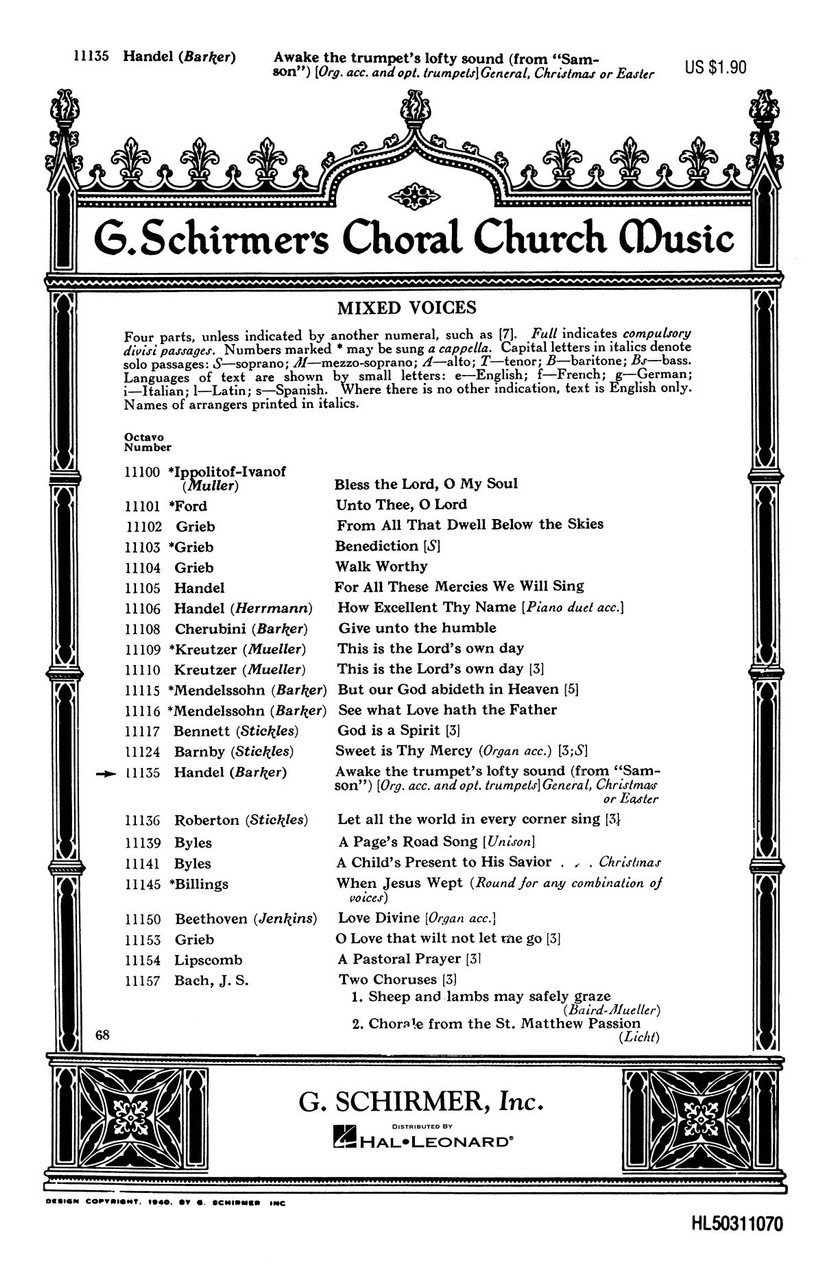 Product image for Awake the Trumpet's Lofty Sound (from Samson) | Schirmer | SATB with Organ | My Worship Store