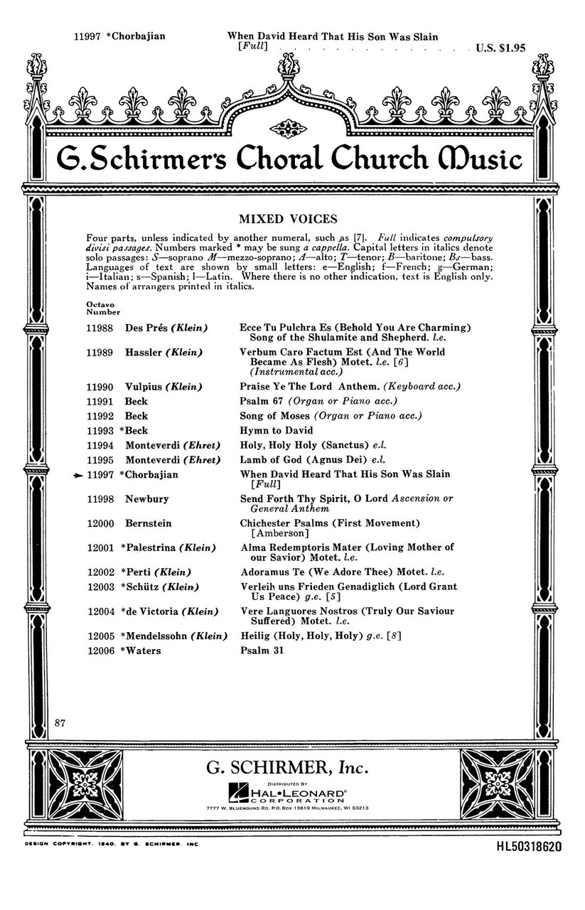 Product image for When David Heard That His Son Was Slain | Schirmer | SATB a cappella | My Worship Store
