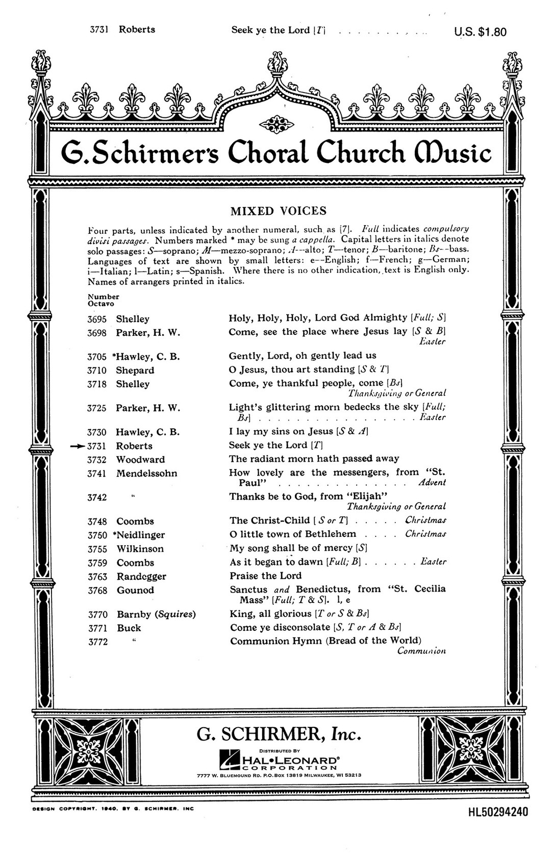 Product image for Seek Ye the Lord | Schirmer | SATB with organ and tenor solo | My Worship Store