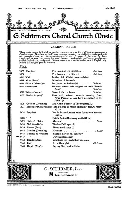 Product image for O Divine Redeemer | Schirmer | SSA with Organ or Piano | My Worship Store