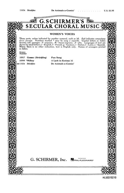 Product image for De Animals A Comin  A Cappella  Spiritual | G SCHIRMER, INC | SSA a cappella | My Worship Store